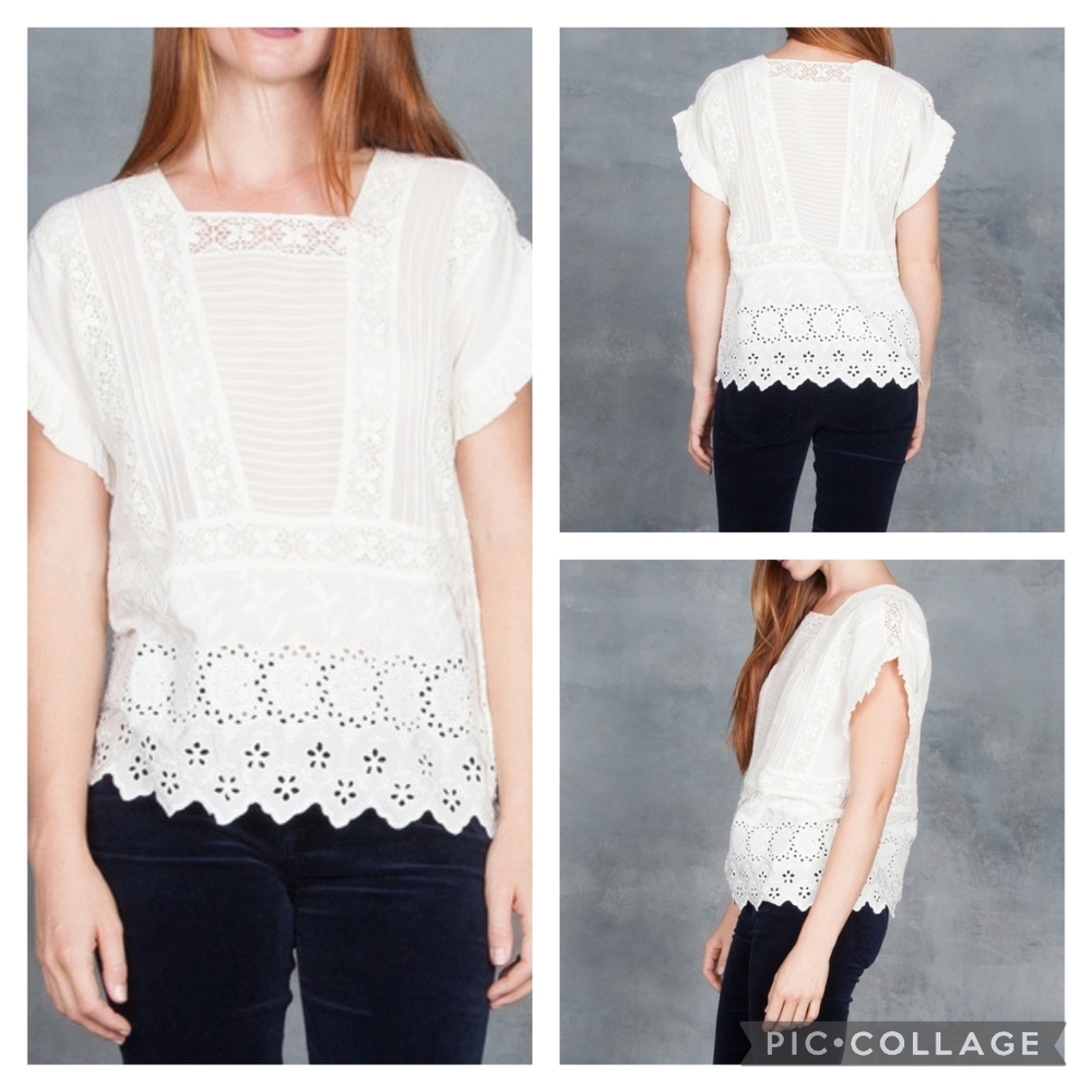 Ulla Johnson Adrienne Scalloped  Silk Eyelet Victorian Blouse Off White Size 2 - Picture 2 of 16